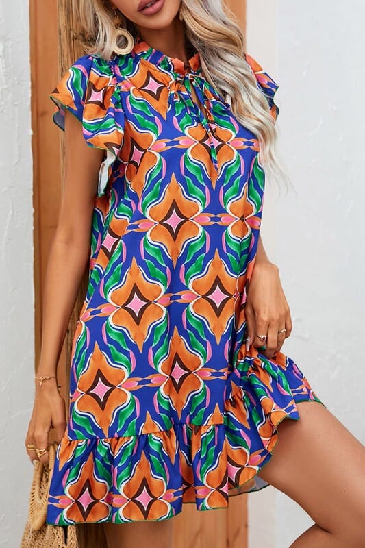 Blue Medallion Flutter Sleeve Dress Kentce 