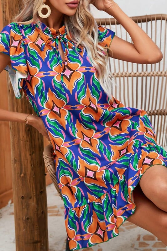 Blue Medallion Flutter Sleeve Dress Kentce 