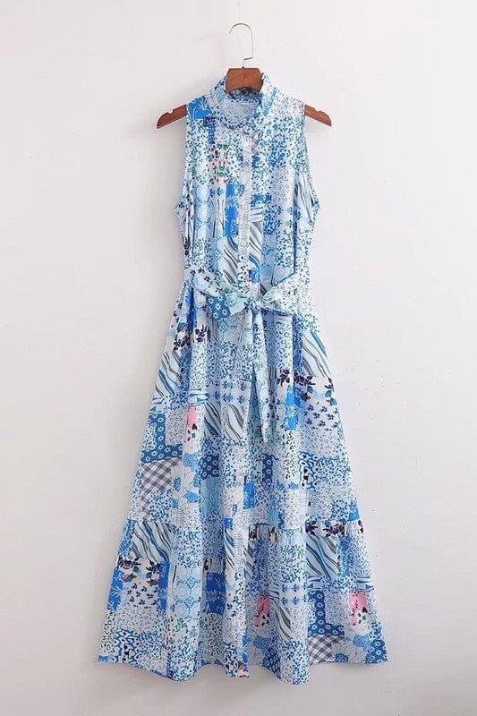 Blue Patchwork Printed Sleeveless Dress Sundayup 