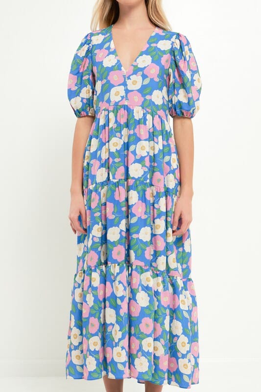 Blue Puff Sleeve Midi with Pink Flowers English Factory 