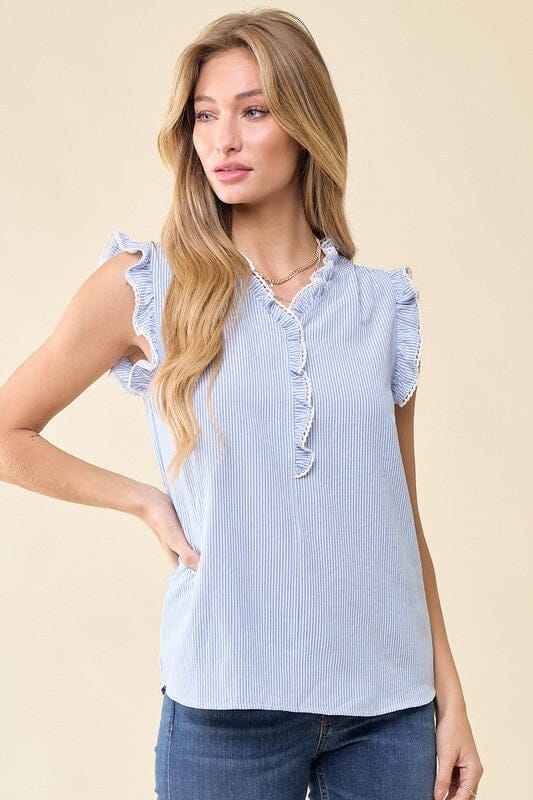 Blue Seersucker Ruffle Top Doe & Rae 