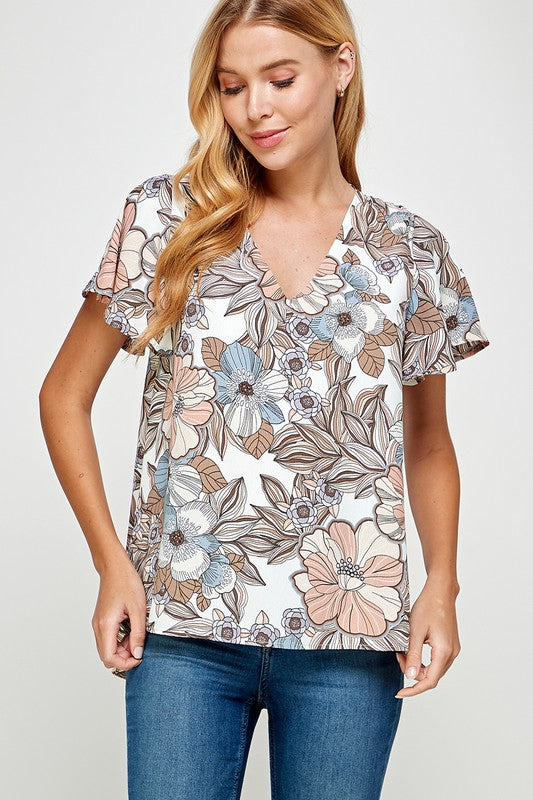 Blue/Taupe Floral Flutter Sleeve Top 2 hearts 