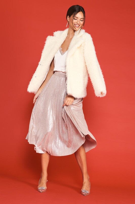 Blush Metallic Pleated Midi skies are blue 