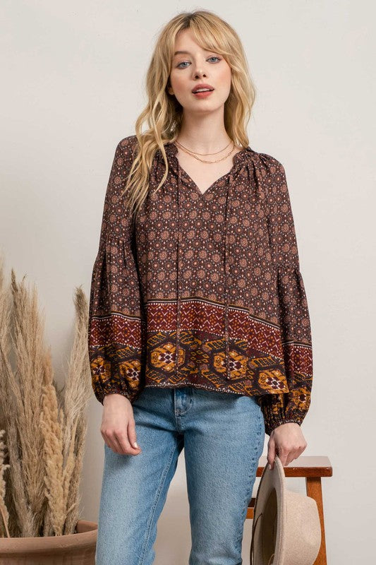 Boho Border Print Blouse Blu Pepper 
