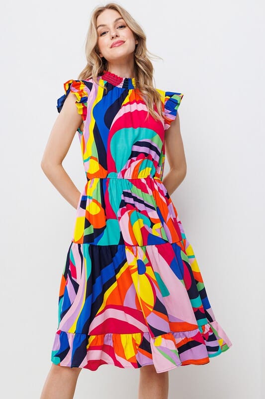 Bold Abstract Flutter Sleeve Dress Ces Femme 