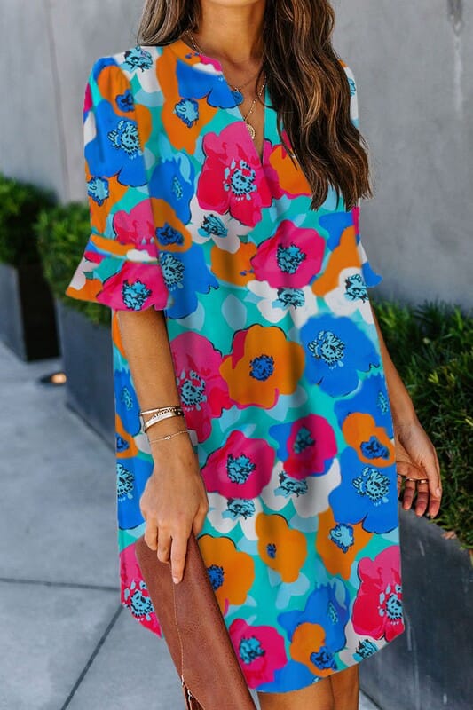 Bold Floral V-Neck Shift Dress Shewin 