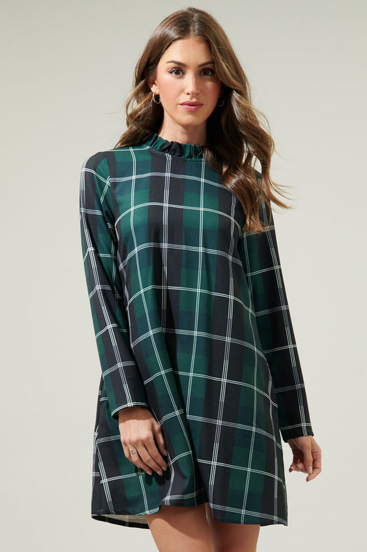 Bow Back Emerald Plaid Swing Dress Sugarlips 