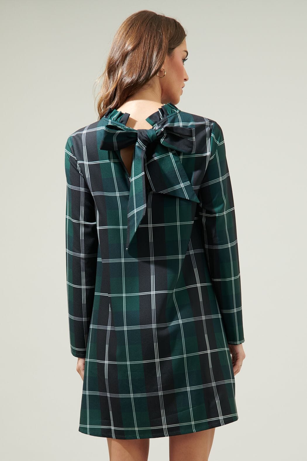 Bow Back Emerald Plaid Swing Dress Sugarlips 