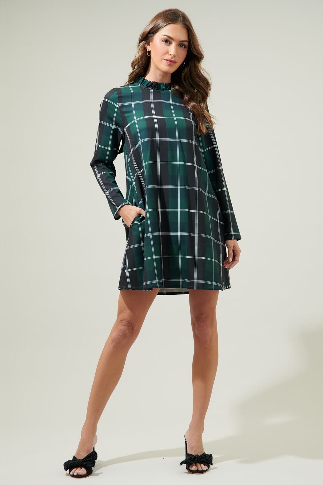 Bow Back Emerald Plaid Swing Dress Sugarlips 