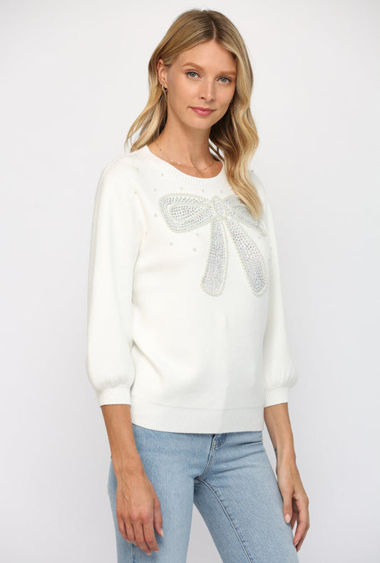 Bow Rhinestone Puff Sleeve Sweater Fate 
