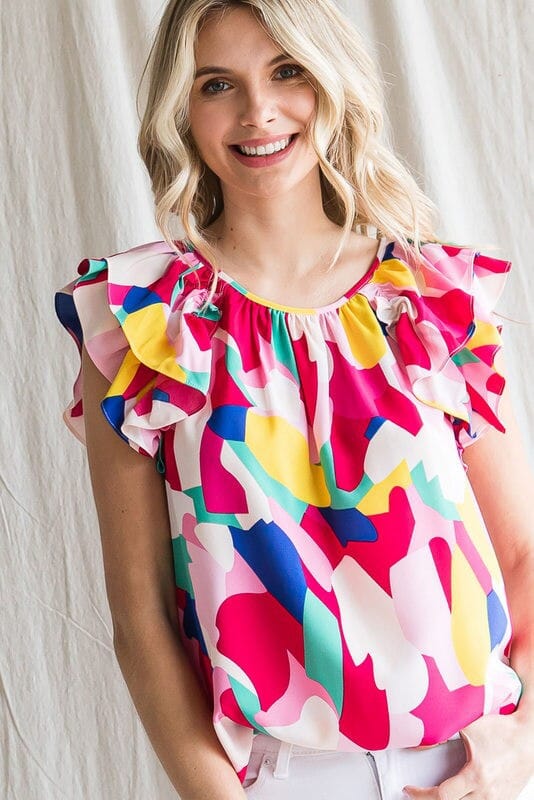 Bright Abstract Double Flutter Top Shewin 