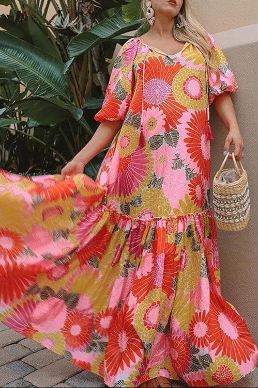 Bright Floral Maxi Puff Sleeve Dress cezele 