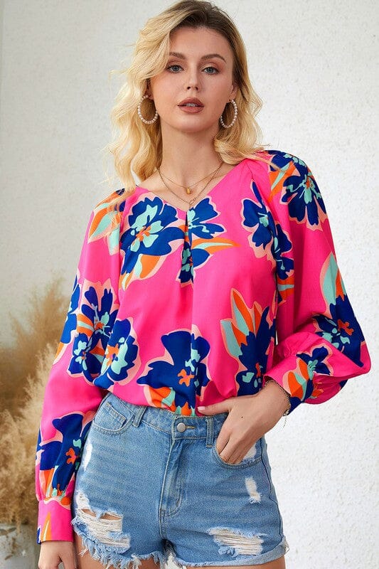 Bright Pink Bubble Sleeve Top with Blue Floral Shiying 