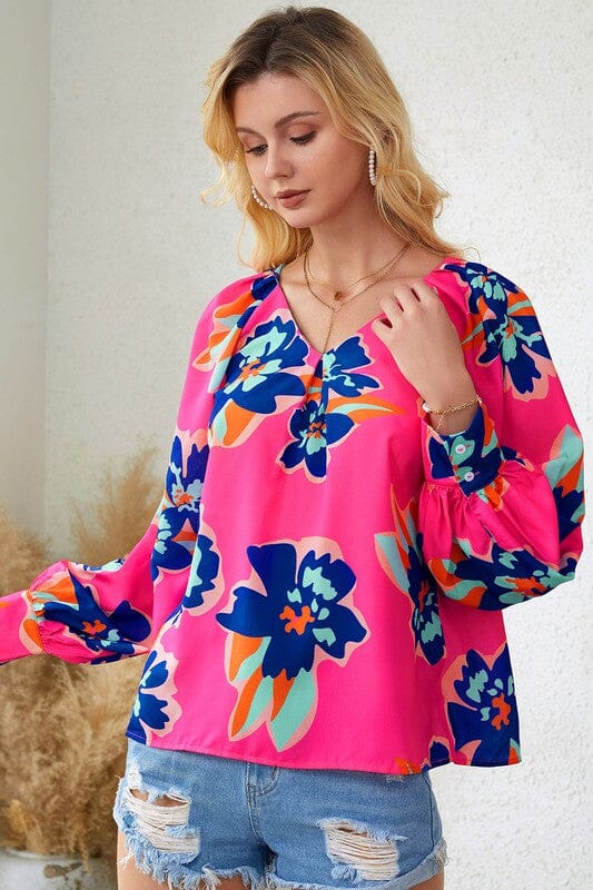 Bright Pink Bubble Sleeve Top with Blue Floral Shiying 
