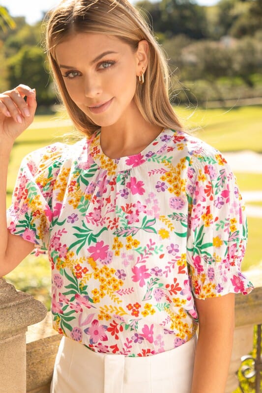 Bright Pink Floral Puff Sleeve Top thml 