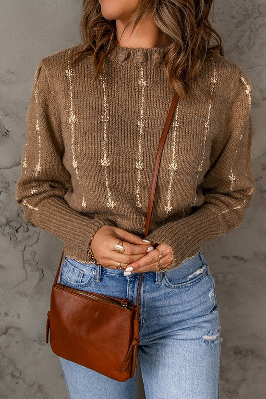 Brown Long Sleeve Knitted Sweater Shewin 