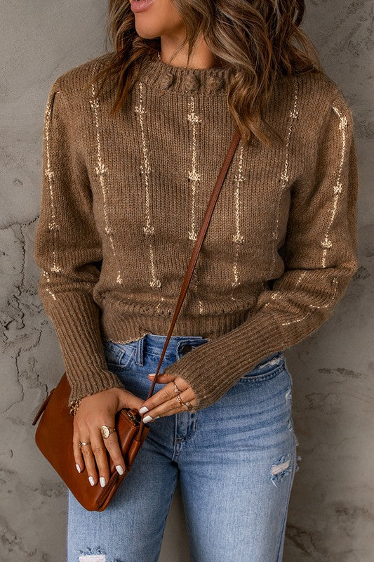 Brown Long Sleeve Knitted Sweater Shewin 