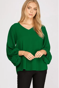 Bubble Sleeve V-Neck Top she + sky 