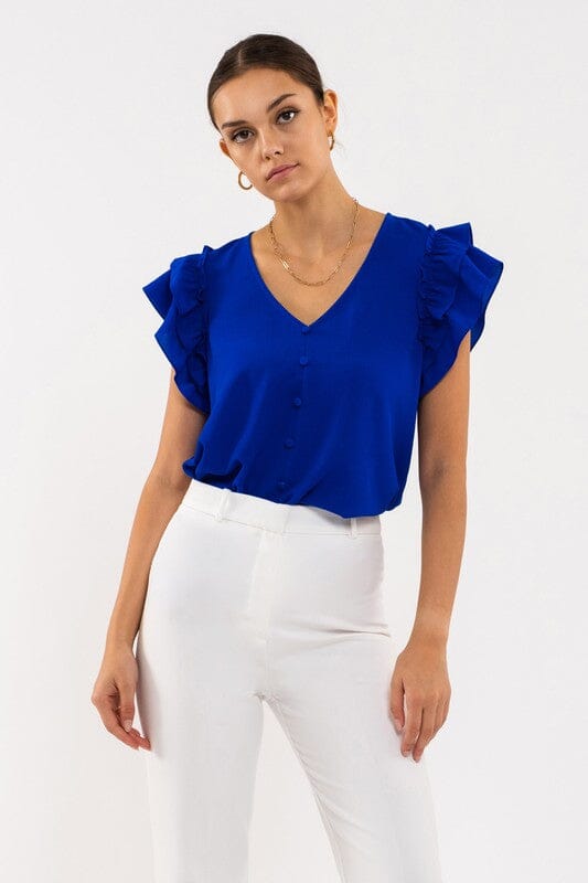 Button Front Ruffle Sleeve Top Mine & Em 