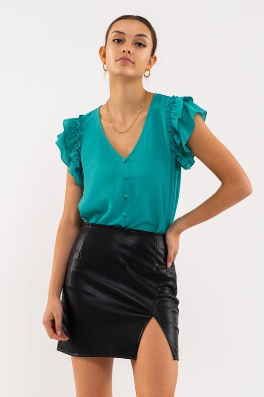 Button Front Ruffle Sleeve Top Mine & Em 