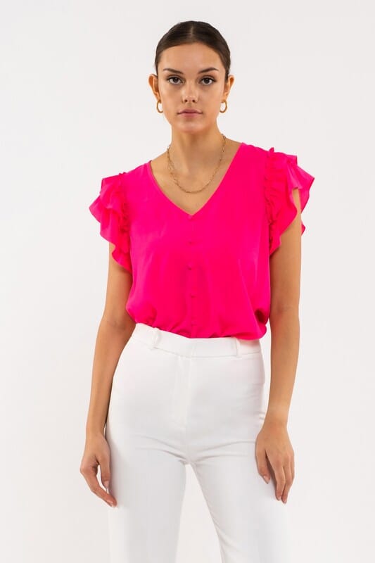 Button Front Ruffle Sleeve Top Mine & Em 