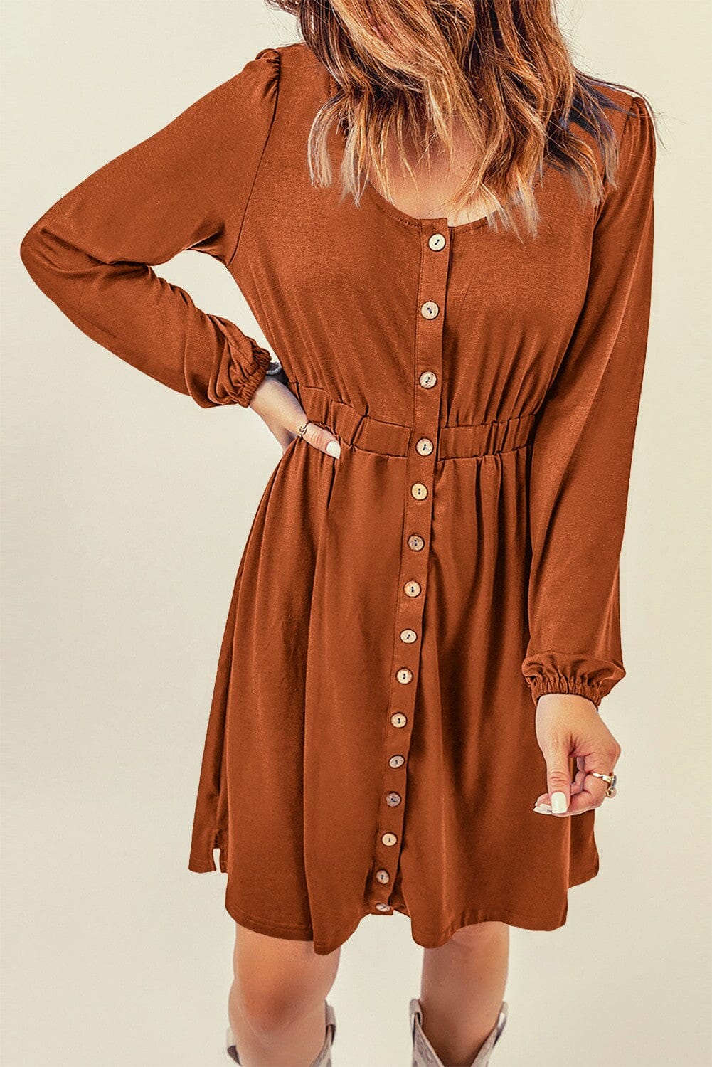Button Up High Waist Long Sleeve Dress Shiying 