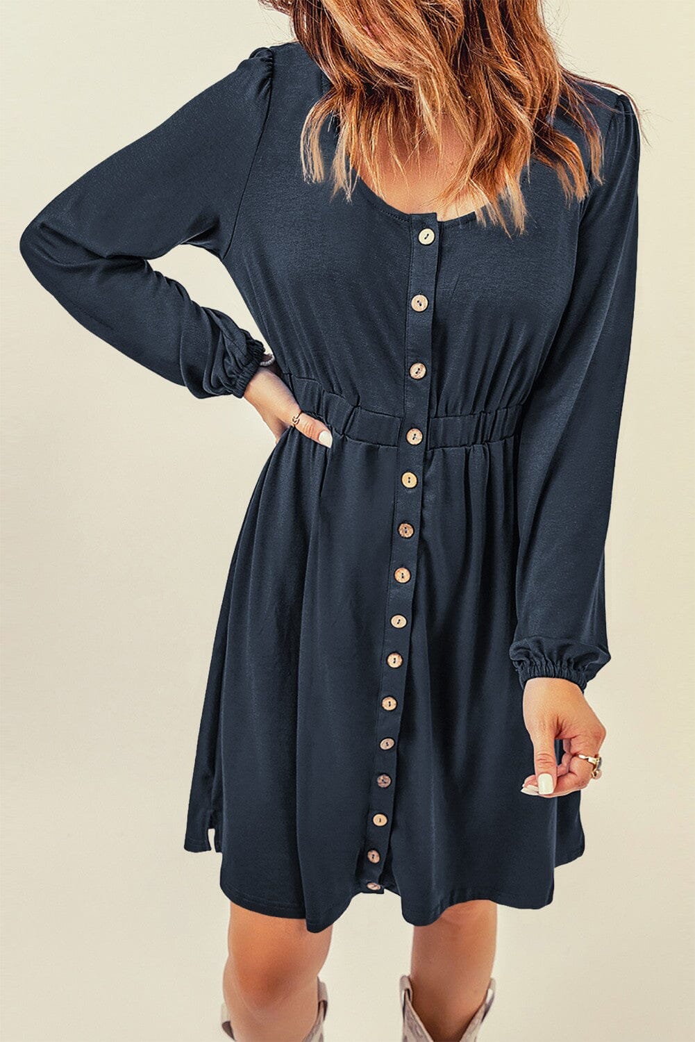 Button Up High Waist Long Sleeve Dress Shiying 