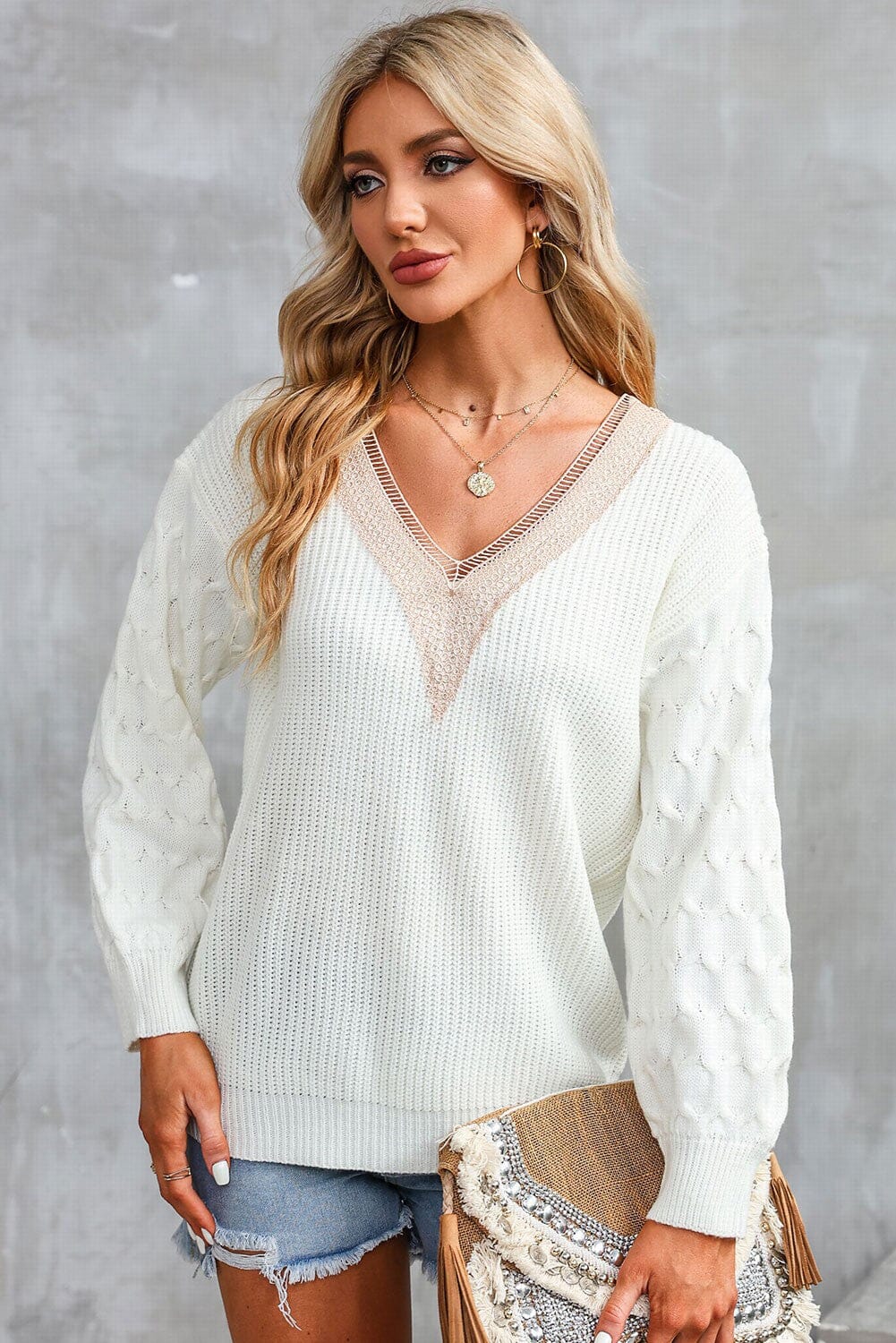 Cable Knit Lace V Sweater Kentce 