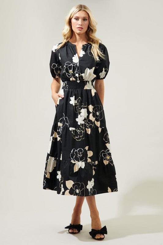 Cairan Rose Hacienda Puff Sleeve MIdi Dress Sugarlips 