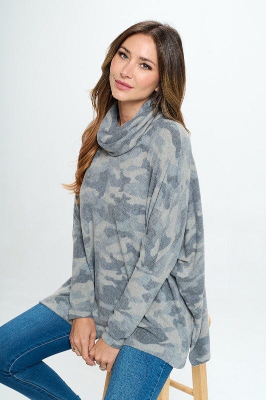 Camo Brushed Knit Cowl Neck Top Cherish 