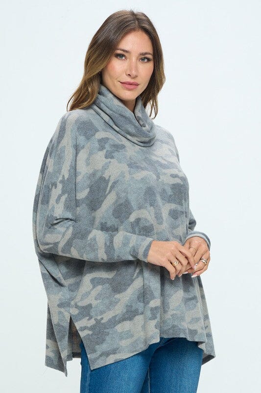 Camo Brushed Knit Cowl Neck Top Cherish 
