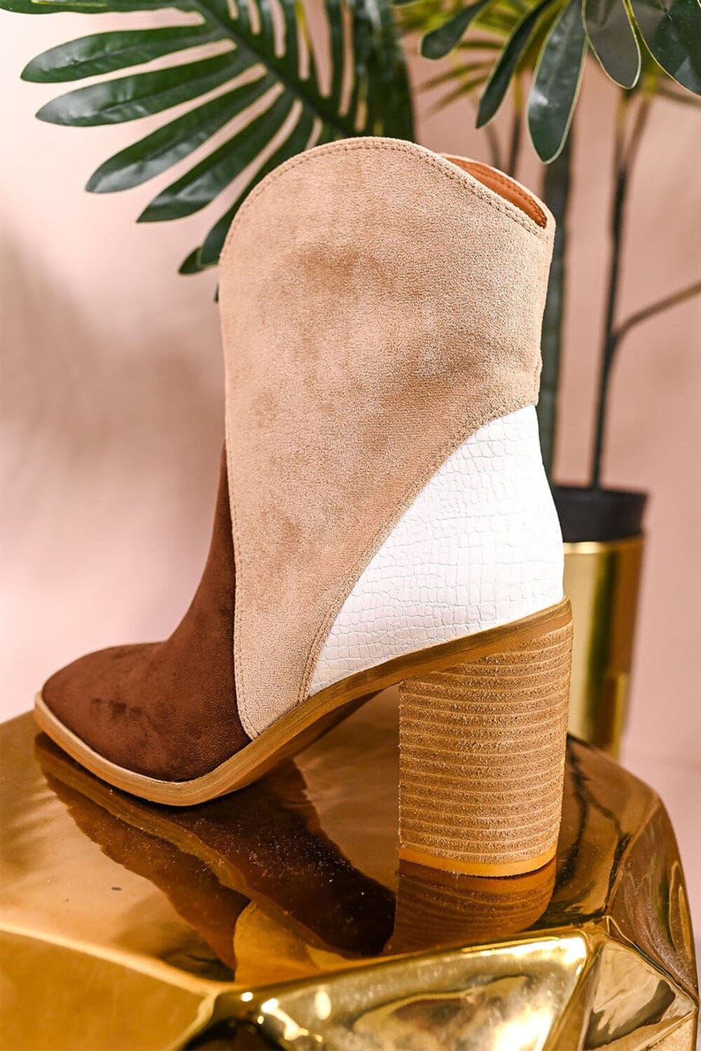 Chestnut Colorblock Suede Heeled Ankle Booties Kentce 