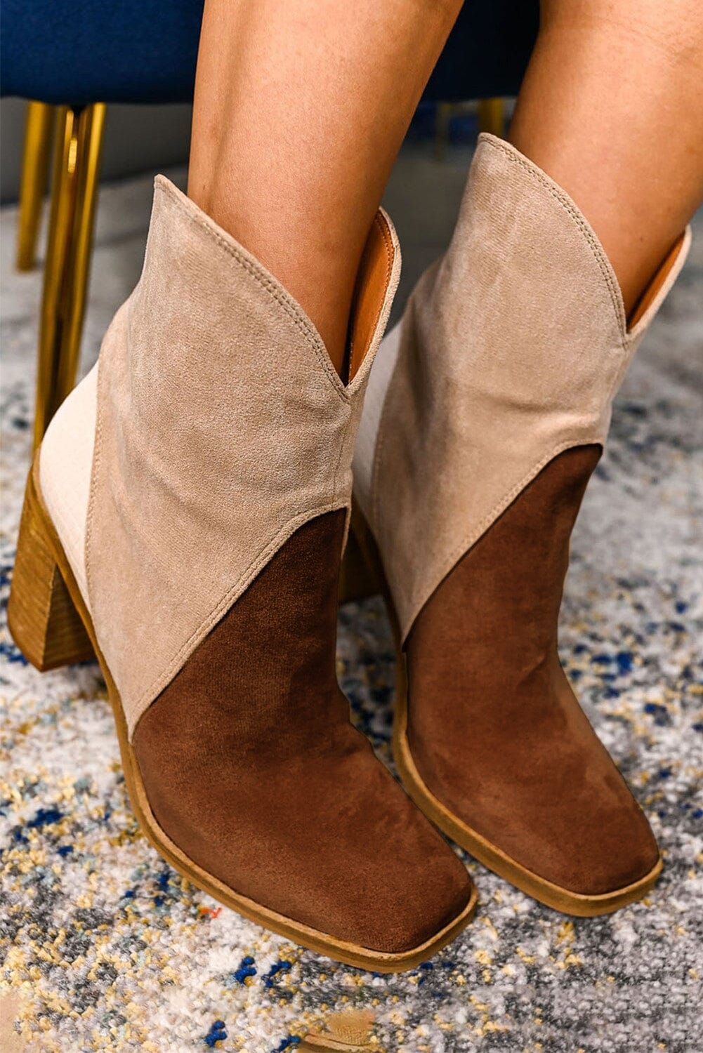 Chestnut Colorblock Suede Heeled Ankle Booties Kentce 
