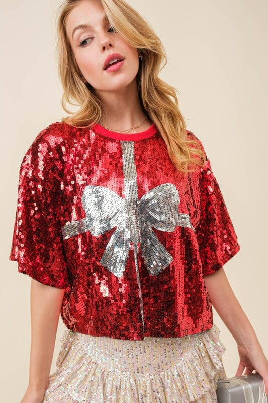 Christmas Bowtie Print Sequin Crop Top top style 