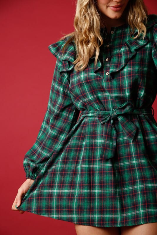 Christmas Plaid Ruffled Dress fantastic fawn 