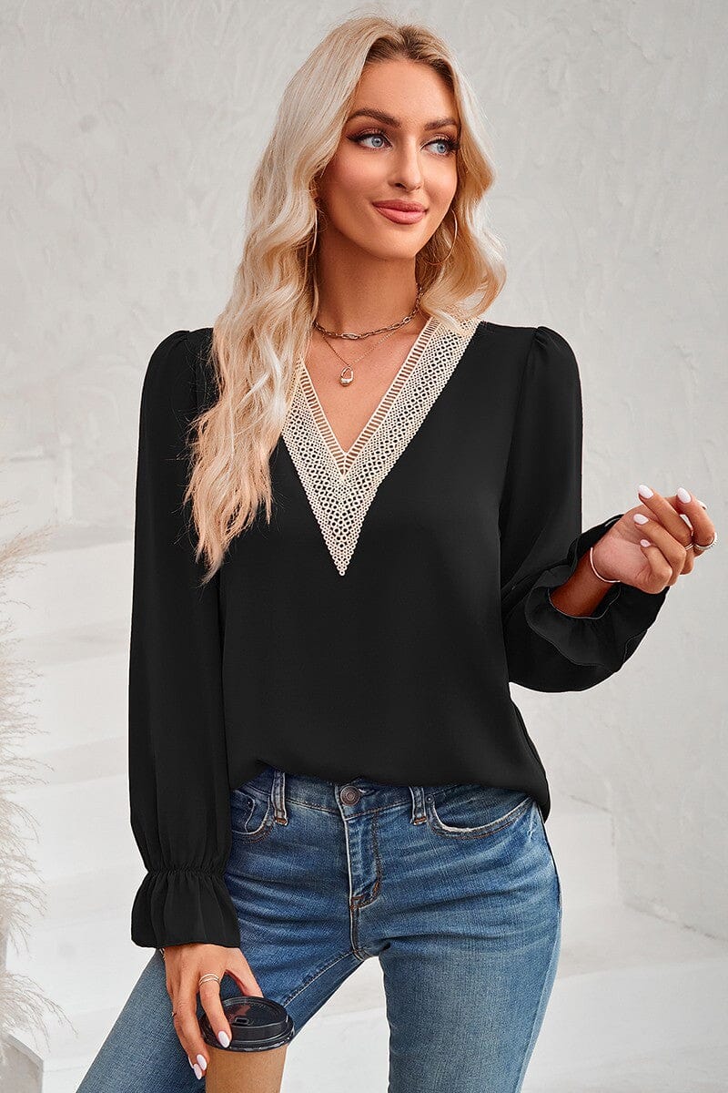 Color Block Deep V Neck Lace Loose Fit Blouse supreme fashion 