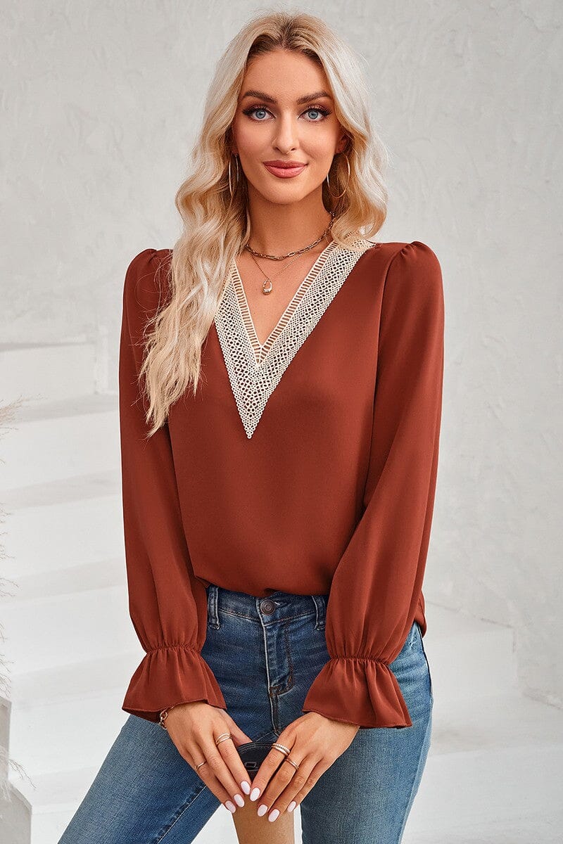 Color Block Deep V Neck Lace Loose Fit Blouse supreme fashion 