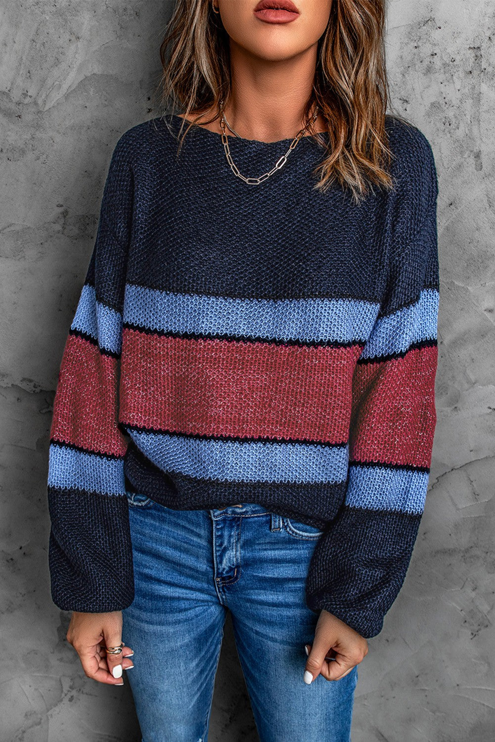 Color Block Drop Shoulder Knitted Sweater Shiying 