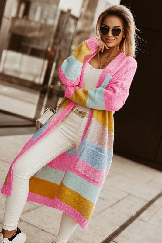 Color Block Knit Pocketed Open Front Cardigan Shiying 