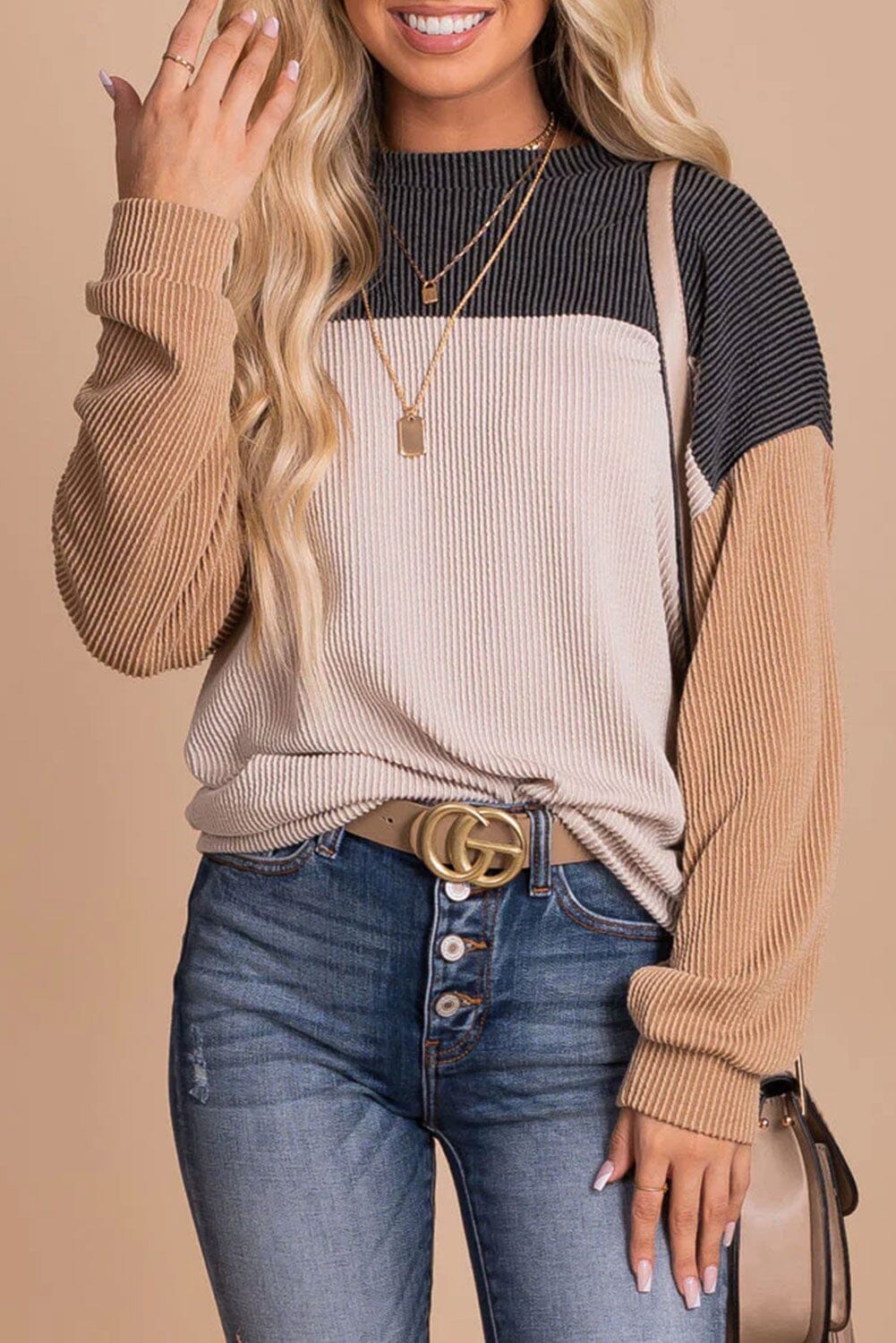 Color Block Long Sleeve Cording Top Youmi 