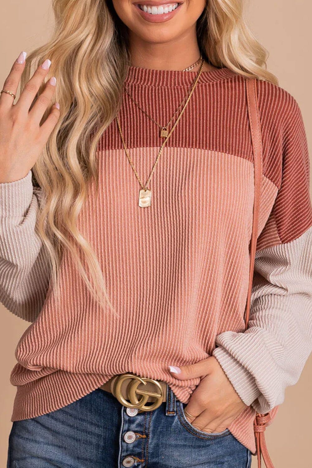 Color Block Long Sleeve Cording Top Youmi 