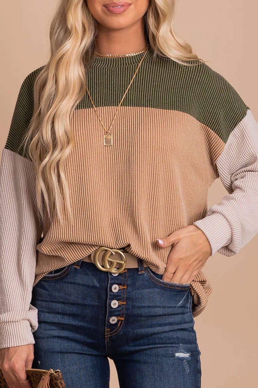 Color Block Long Sleeve Cording Top Youmi 