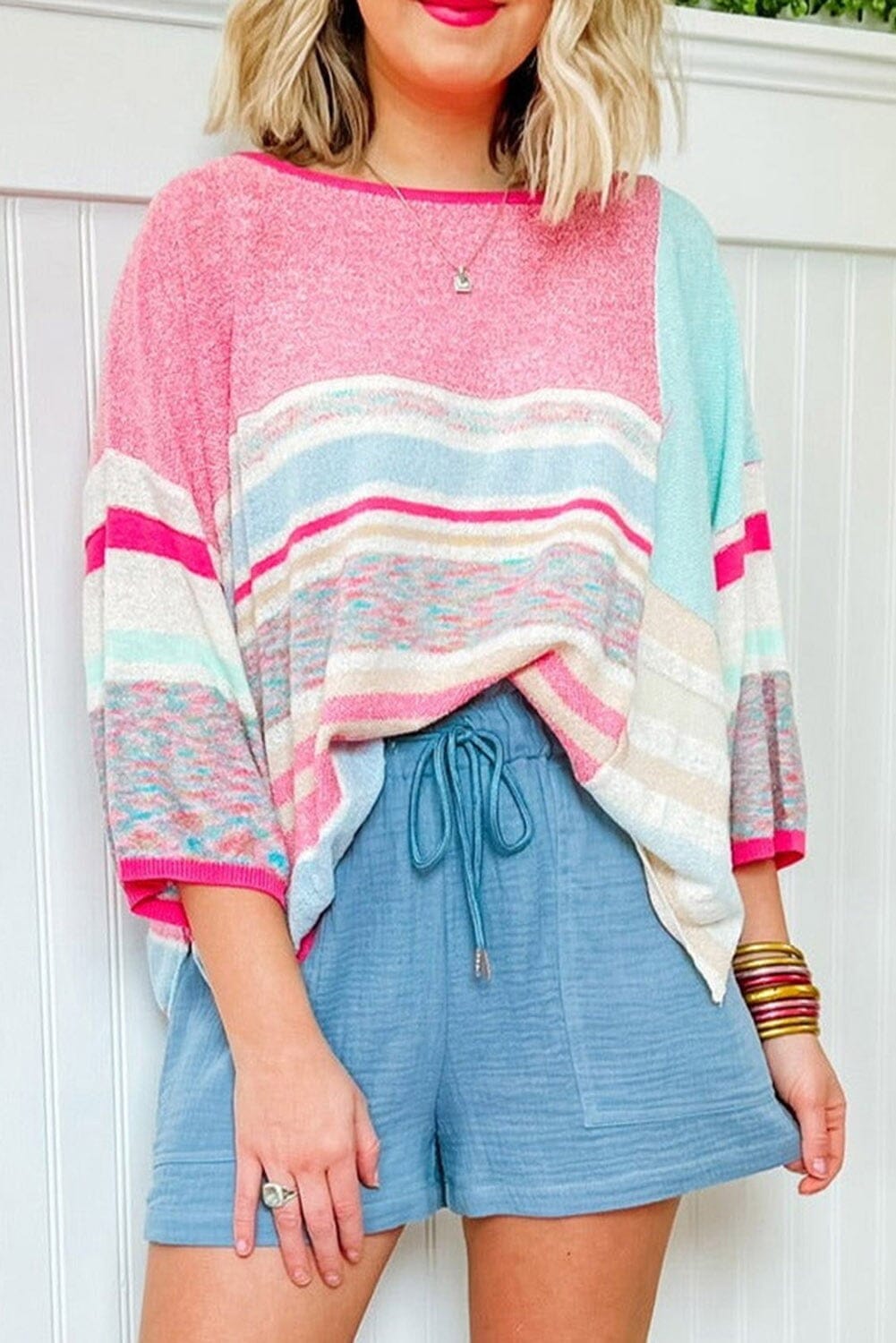 Color Block Striped Quarter Sleeve Knitted Top Youmi 