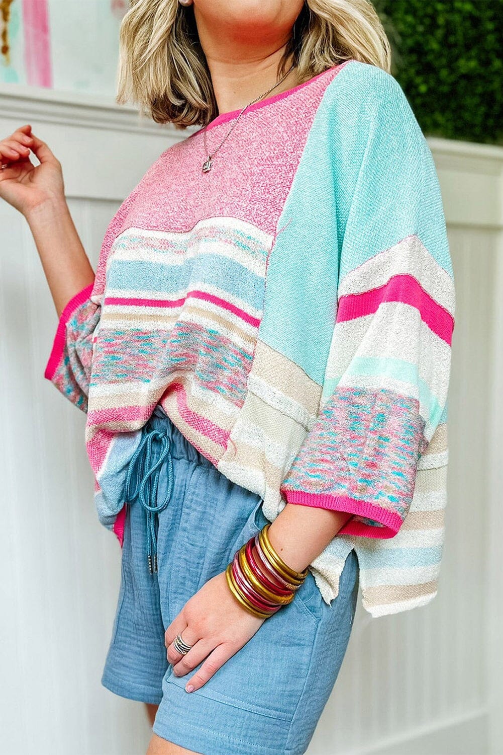 Color Block Striped Quarter Sleeve Knitted Top Youmi 