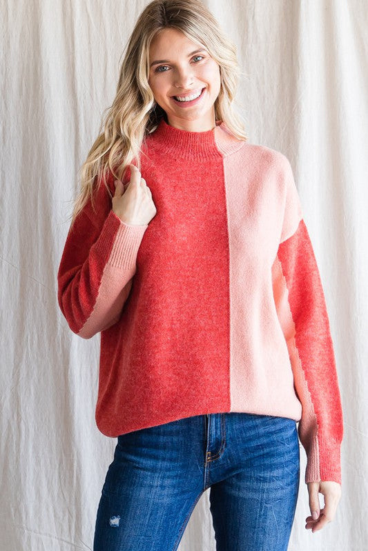 Colorblock Knit Mock Neck Pullover Jodifl 