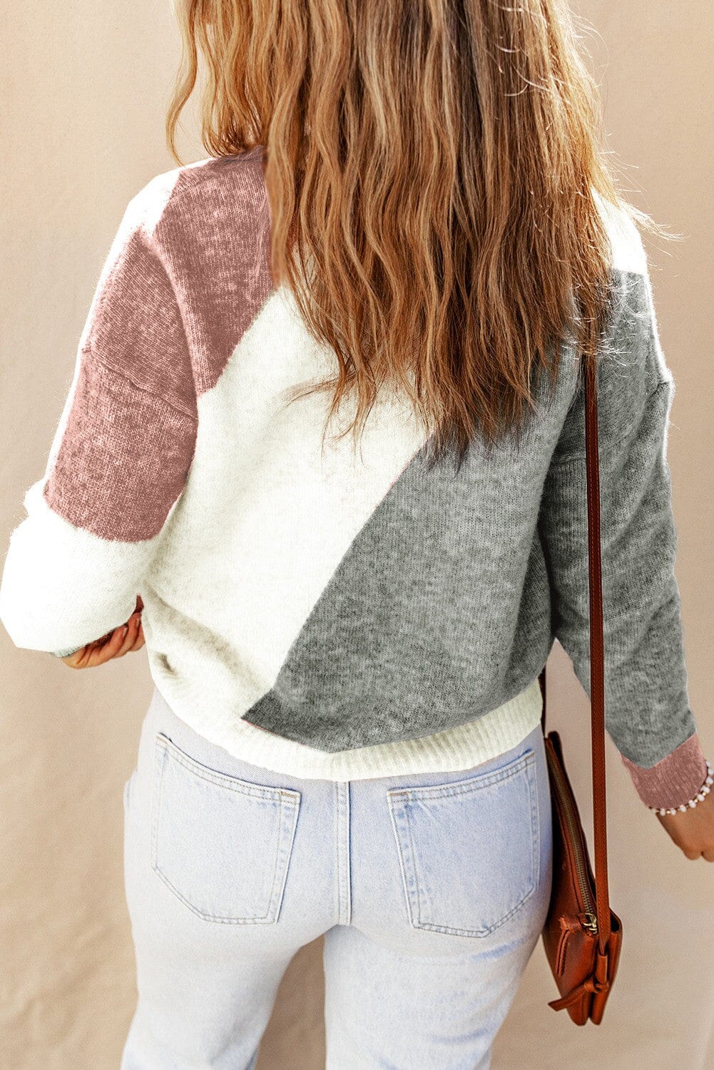 Colorblock Ribbed Trim Round Neck Sweater Shiying 