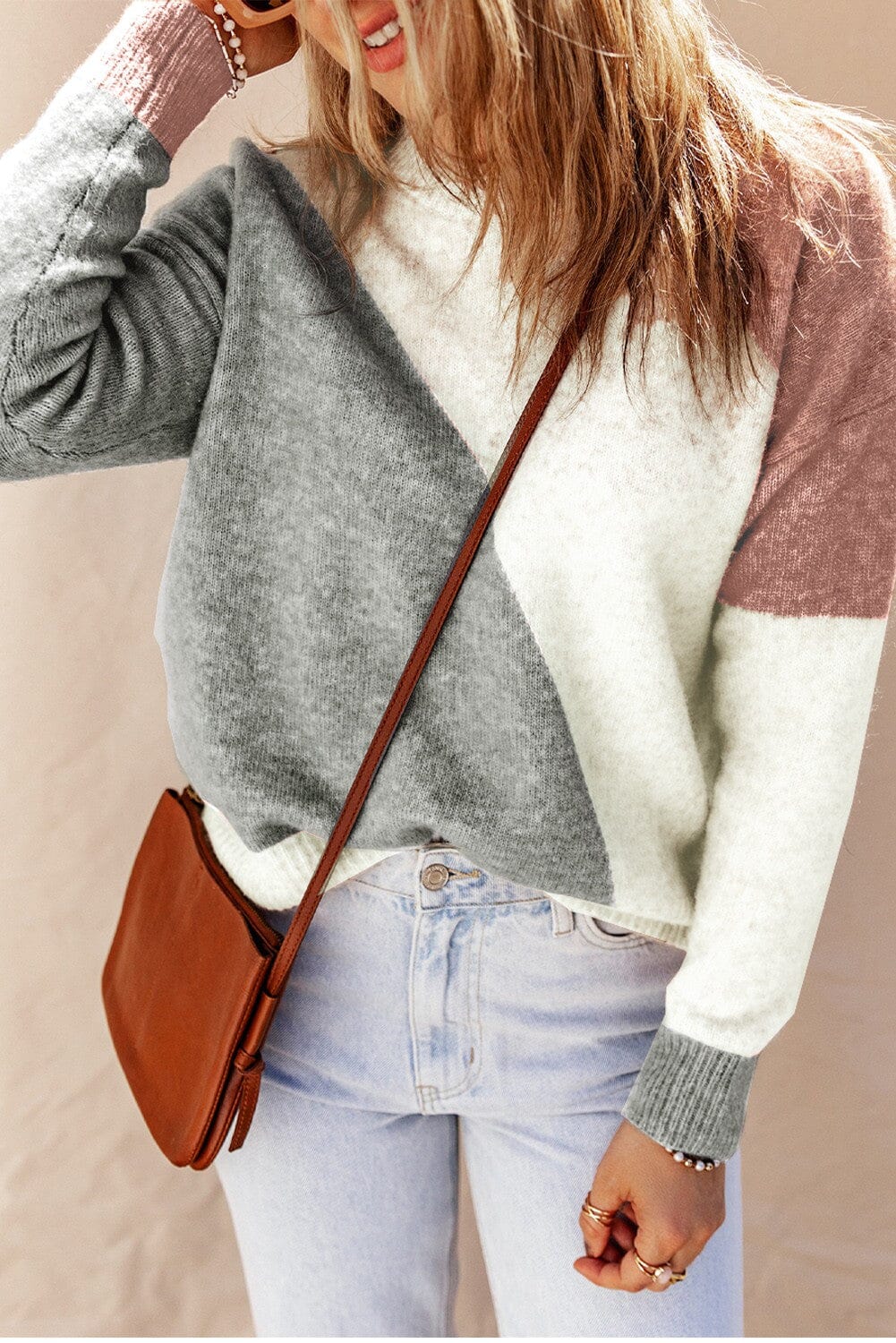 Colorblock Ribbed Trim Round Neck Sweater Shiying 