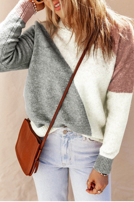 Colorblock Ribbed Trim Round Neck Sweater Shiying 