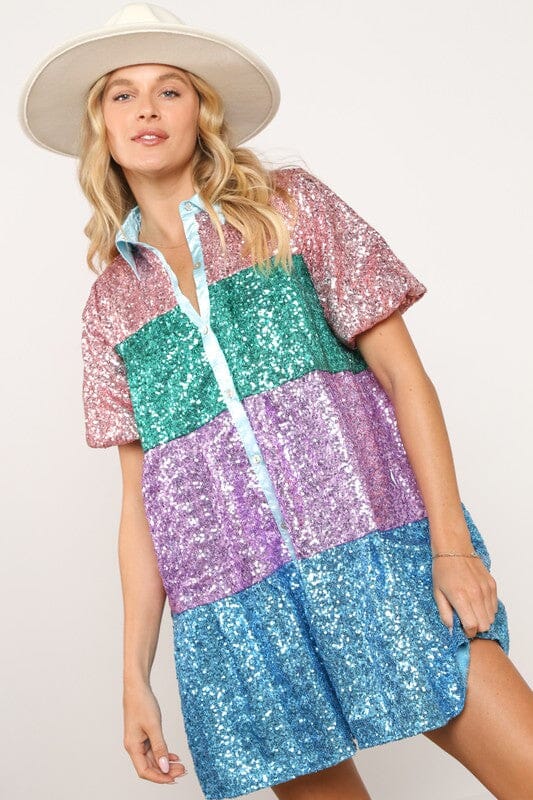 Colorblock Sequin Dress Blue B 