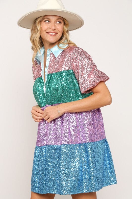 Colorblock Sequin Dress Blue B 